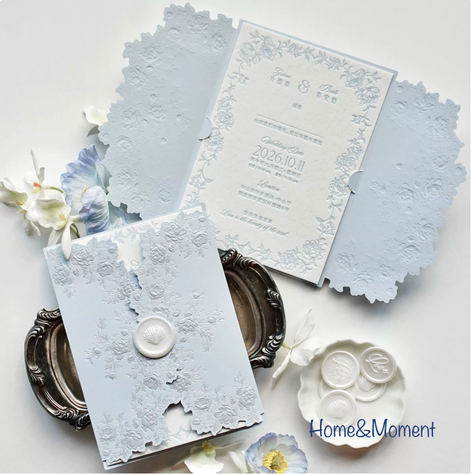 Sky Blue Letterpress Wedding Invitation — Embossed Gold Foil Custom Cards