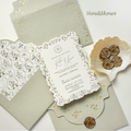 Greyish Green Wedding Invitation Suite — Die-Cut Gold Foil with Matching Envelope & Wax Seal