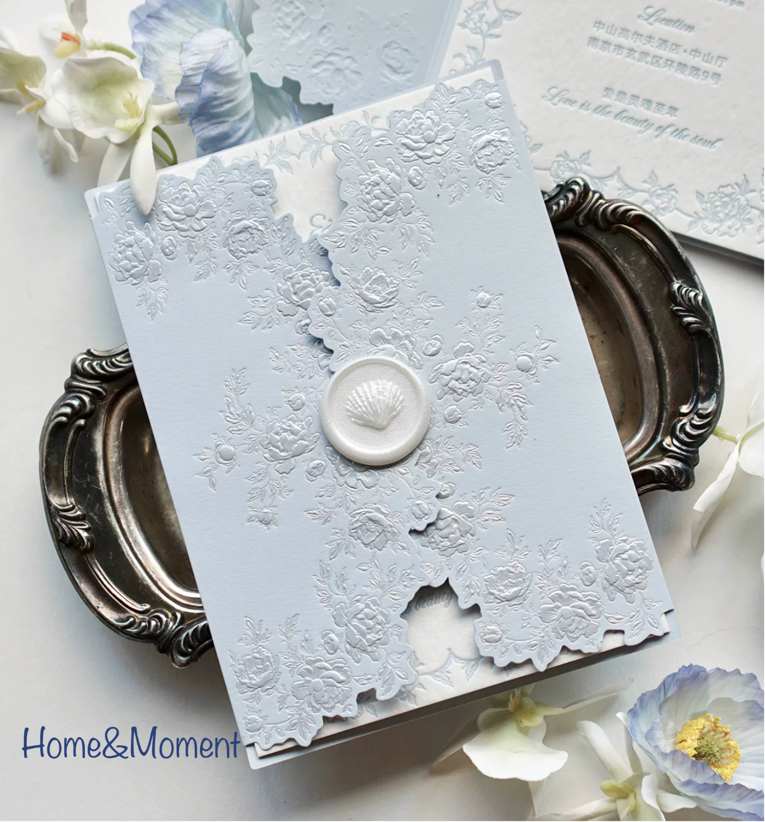 Sky Blue Letterpress Wedding Invitation — Embossed Gold Foil Custom Cards