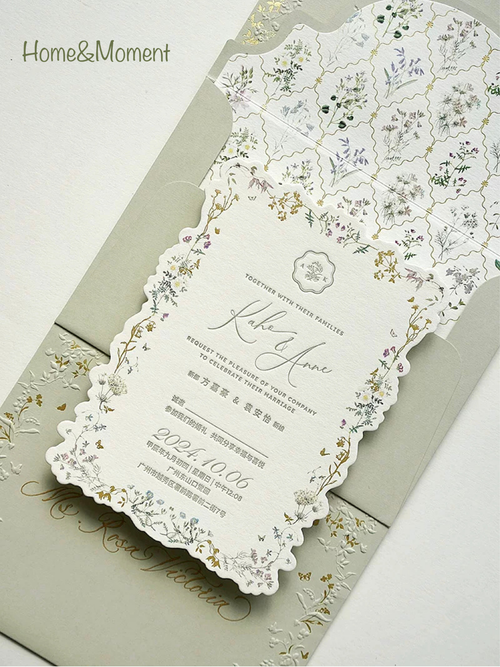 Greyish Green Wedding Invitation Suite — Die-Cut Gold Foil with Matching Envelope & Wax Seal