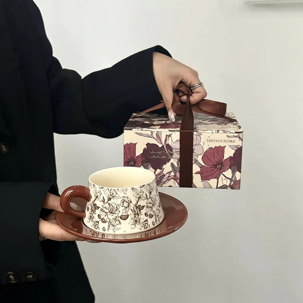 Vintage Botanical Ceramic Cup & Saucer Gift Set — Premium Teaware Collection