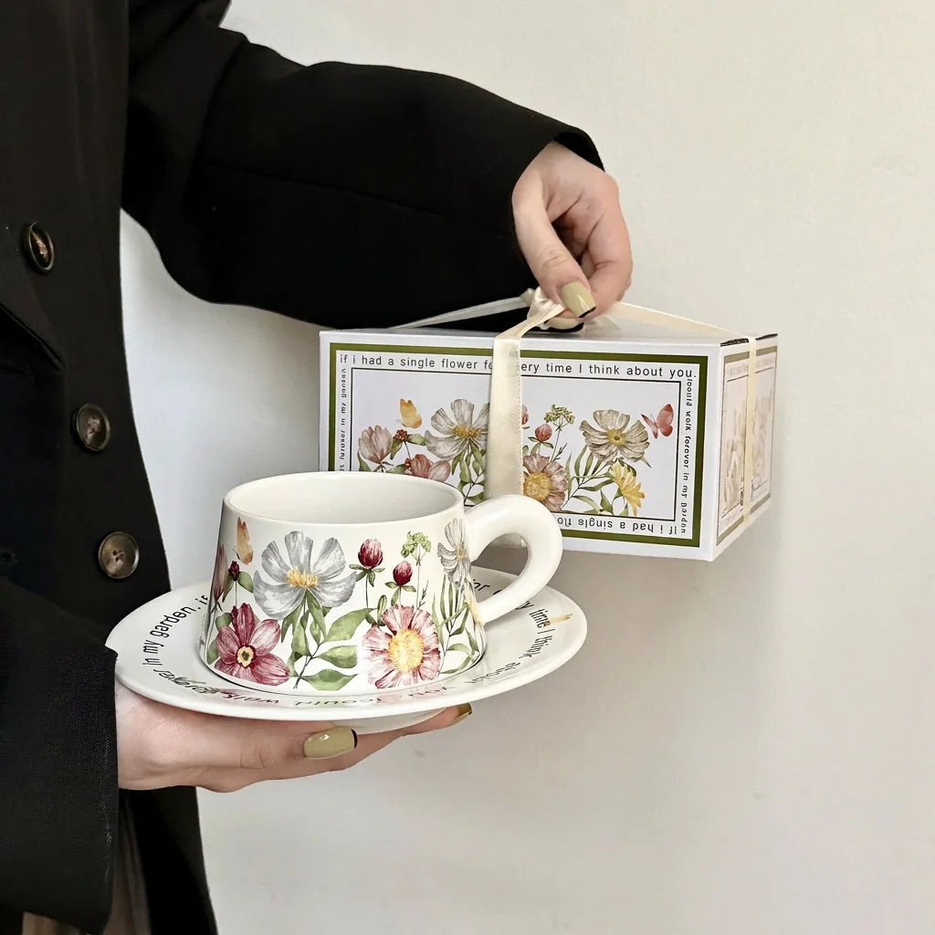 Vintage Botanical Ceramic Cup & Saucer Gift Set — Premium Teaware Collection
