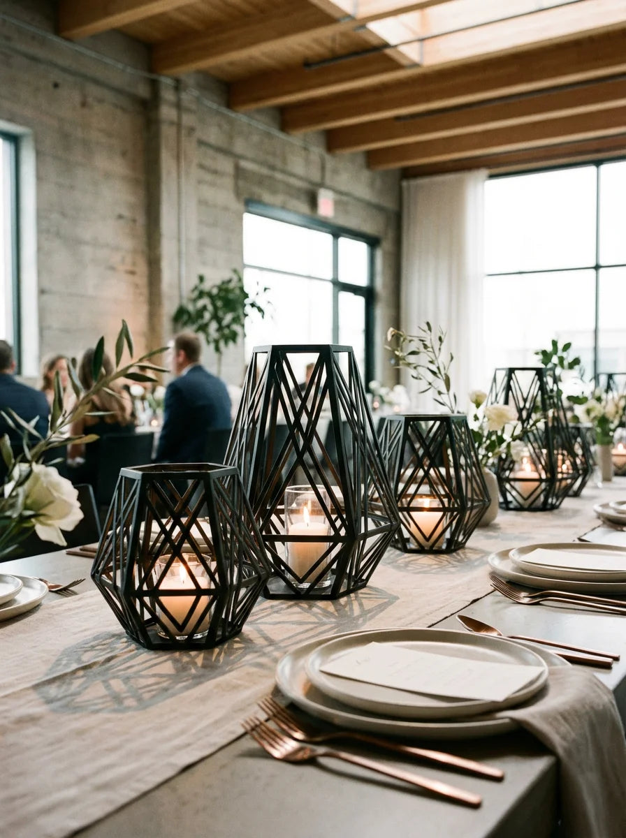 Matte Black Geometric Metal Lanterns (Bulk Set of 6)