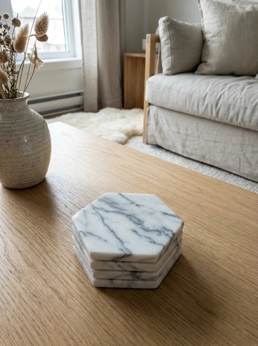 Natural Hexagon Marble Coasters (Bulk Set of 12)