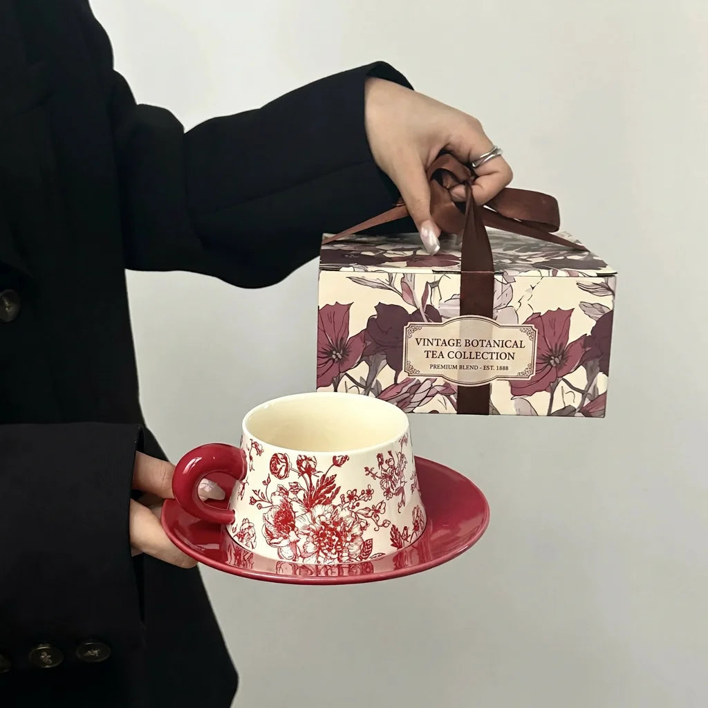 Vintage Botanical Ceramic Cup & Saucer Gift Set — Premium Teaware Collection