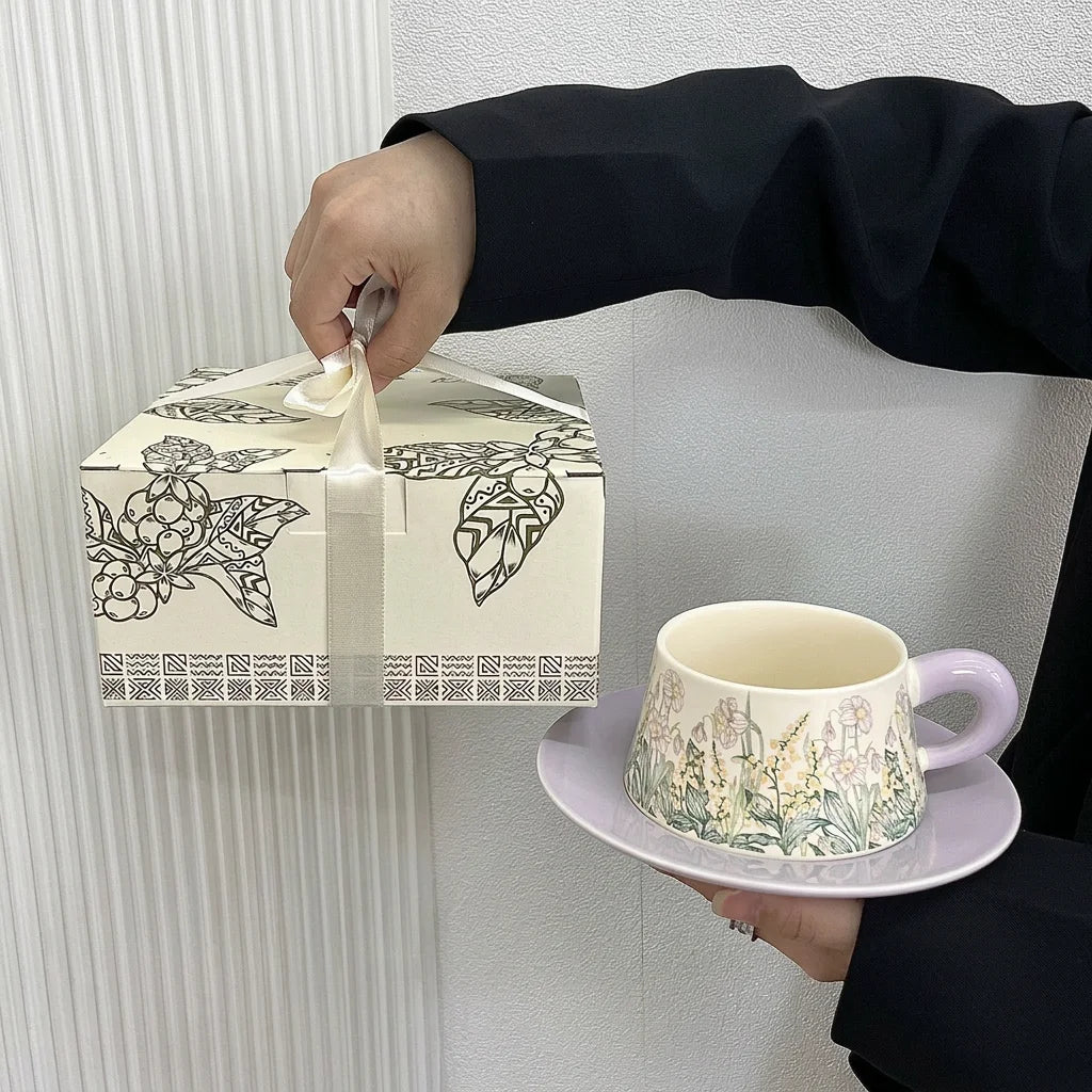 Vintage Botanical Ceramic Cup & Saucer Gift Set — Premium Teaware Collection