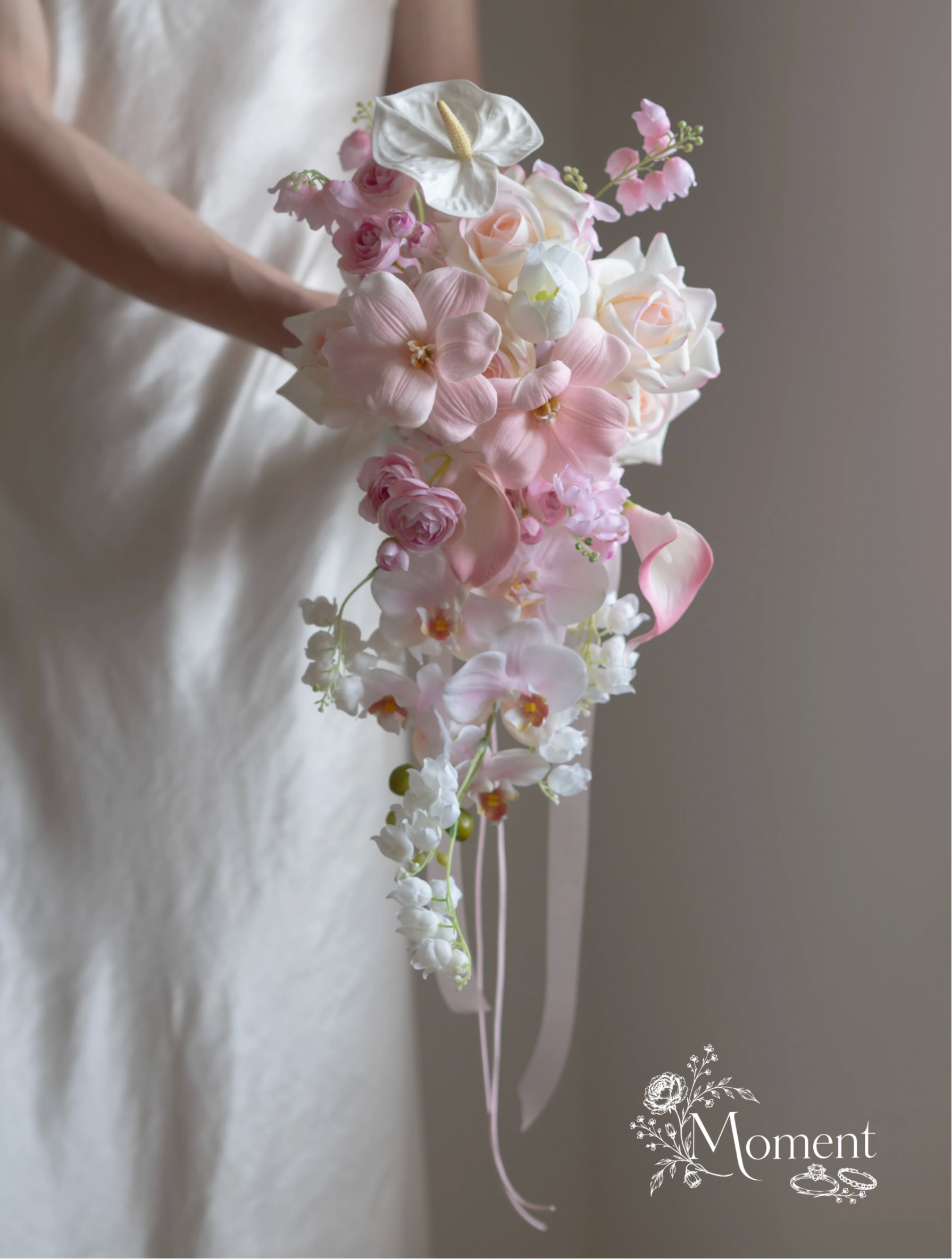 Pink Orchid Teardrop Cascade Bouquet | Waterfall Bridal Arrangement