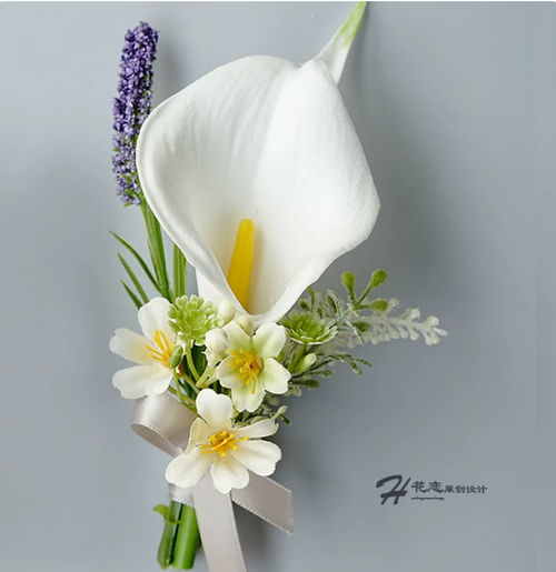 Calla Lily Wedding Corsage, Real Touch Boutonniere for Groom, Silk Flower Wrist Corsage