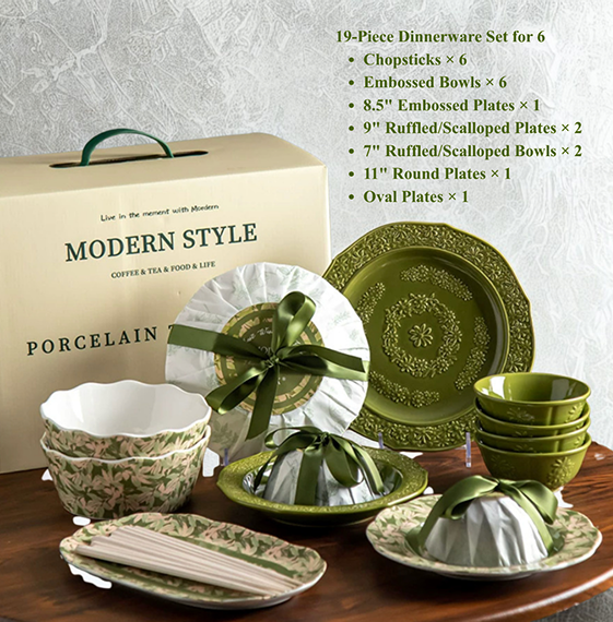 Green Embossed Porcelain Dinnerware Gift Set