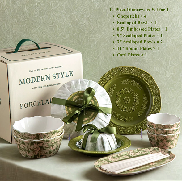 Green Embossed Porcelain Dinnerware Gift Set