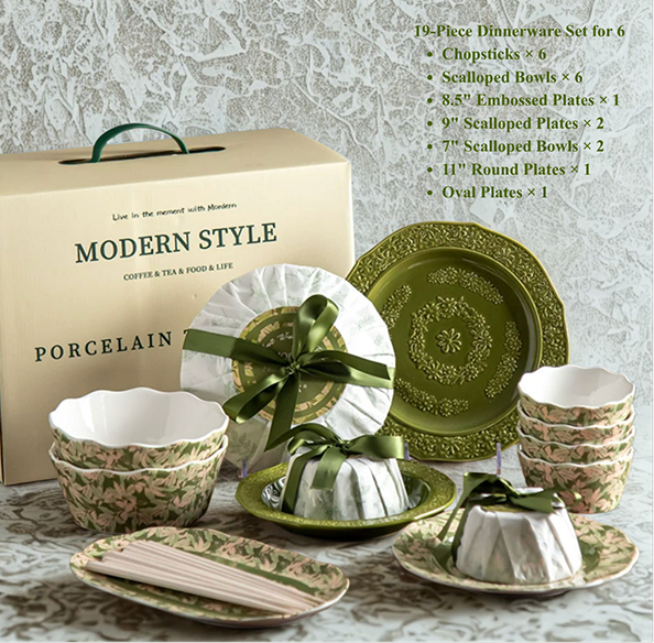 Green Embossed Porcelain Dinnerware Gift Set