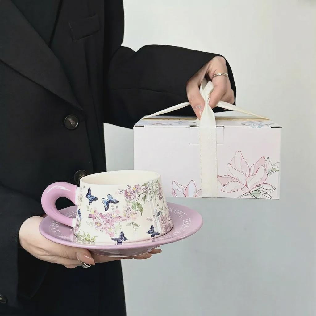 Vintage Botanical Ceramic Teacup and Saucer, Floral English Teaware, Cottagecore Mug, Housewarming Present