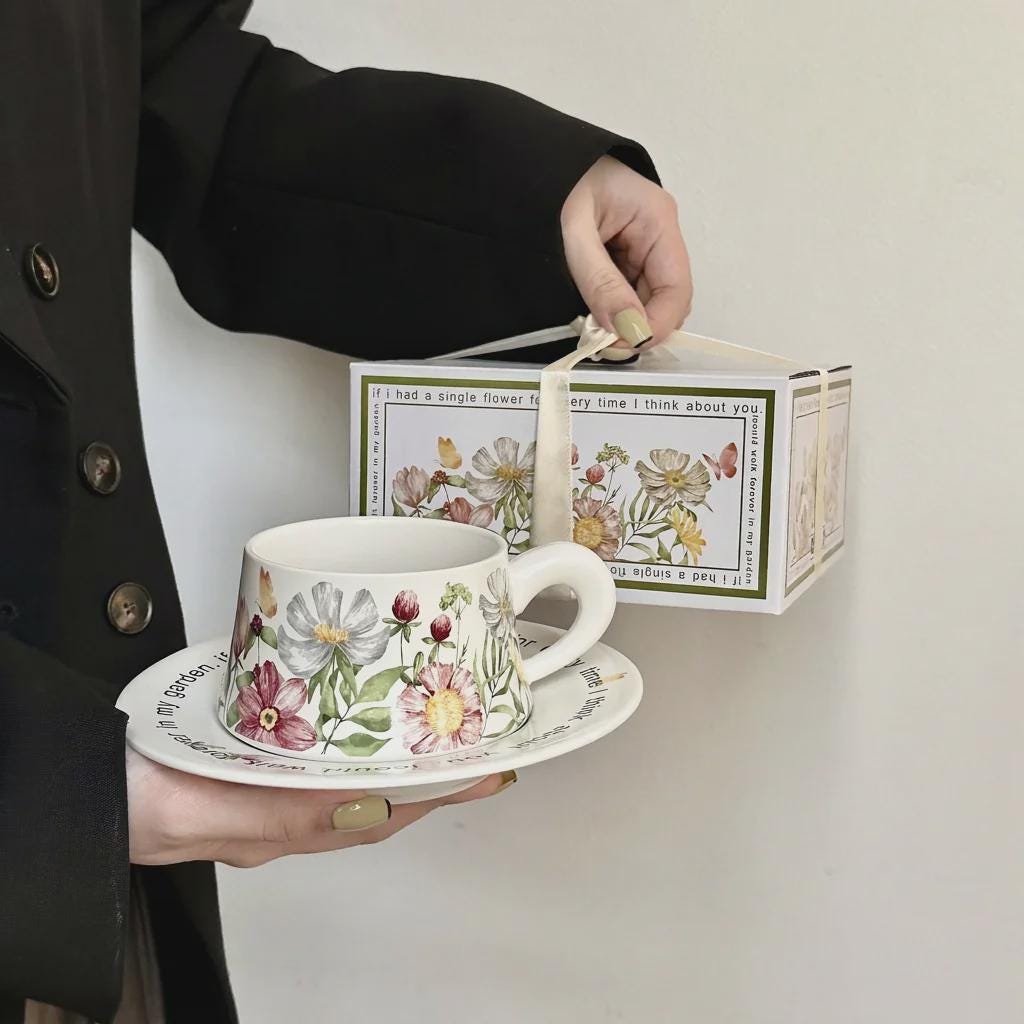 Vintage Botanical Ceramic Teacup and Saucer, Floral English Teaware, Cottagecore Mug, Housewarming Present
