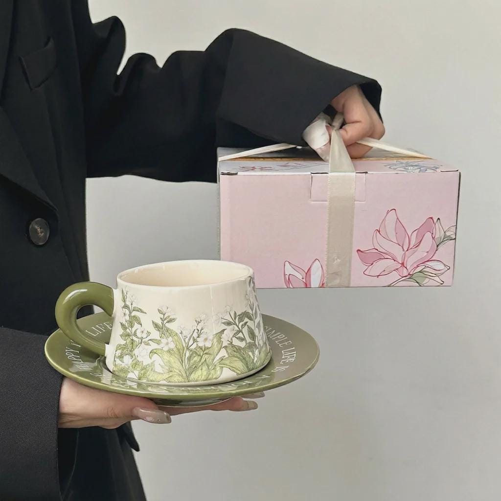 Vintage Botanical Ceramic Teacup and Saucer, Floral English Teaware, Cottagecore Mug, Housewarming Present