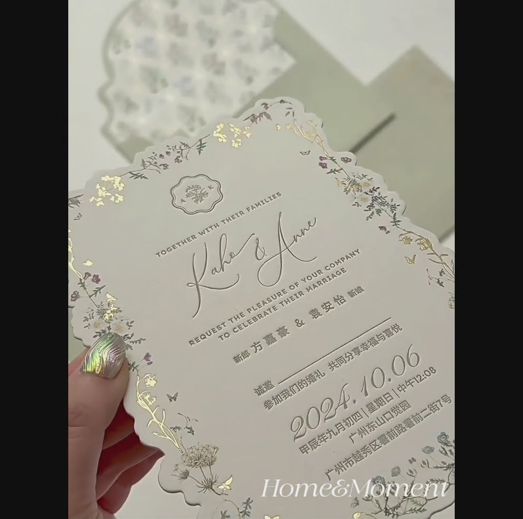 Greyish Green Wedding Invitation Suite — Die-Cut Gold Foil with Matching Envelope & Wax Seal