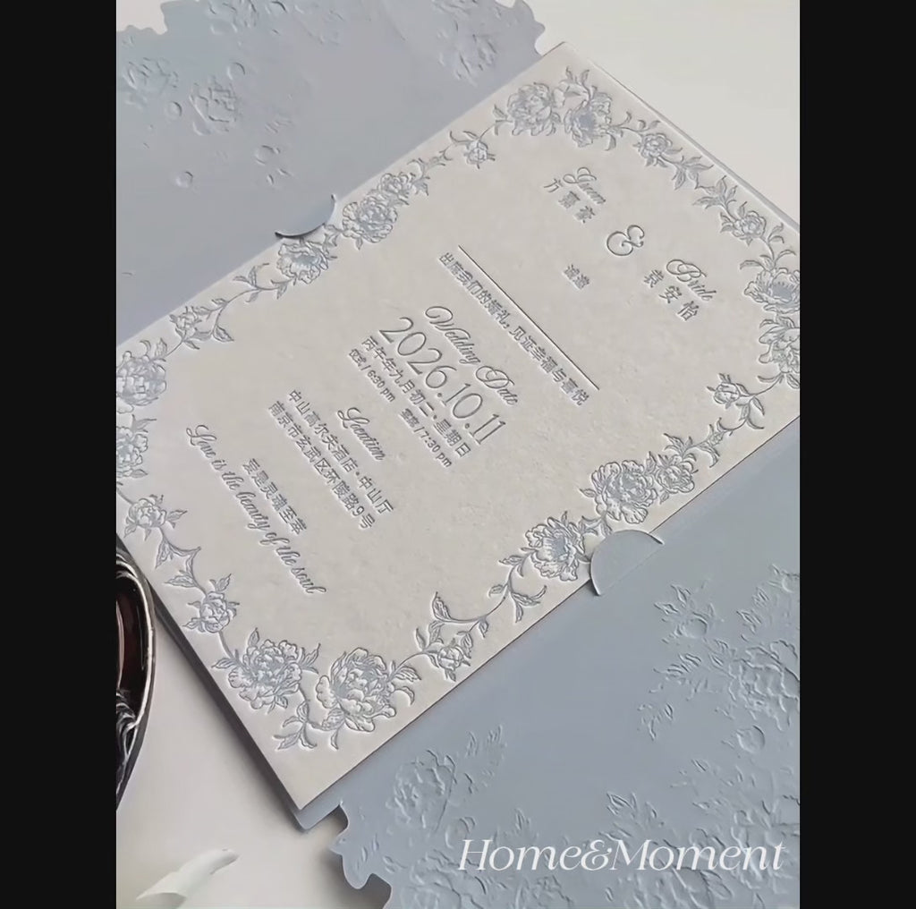 Sky Blue Letterpress Wedding Invitation — Embossed Gold Foil Custom Cards